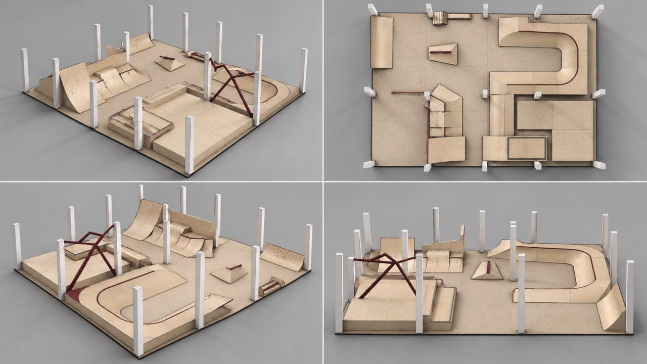 3D design model of Kurazh Park shown from four angles: bowl, mini ramp, pyramid and wall ride