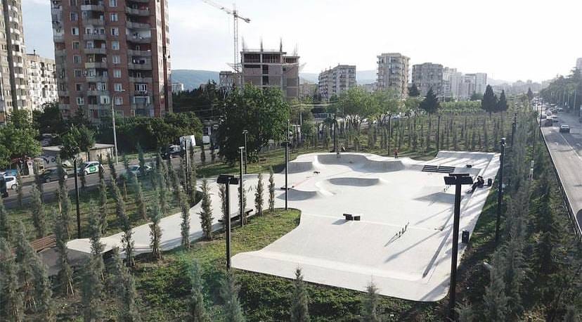 Varketili Skatepark seen from above against the Tbilisi skyline