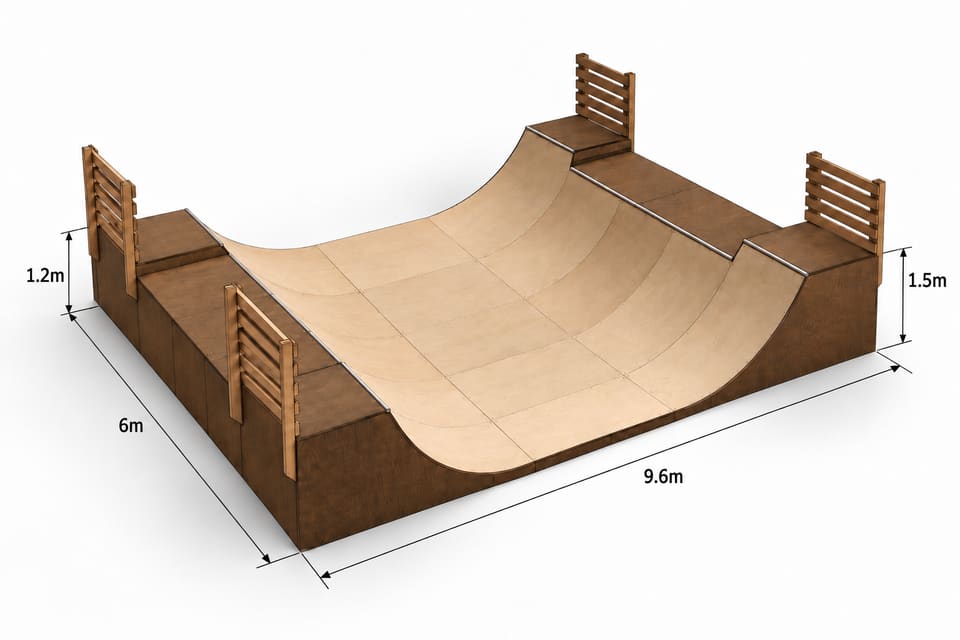 3D model of a 9.6 × 6 m wooden mini ramp with 1.2 m and 1.5 m decks
