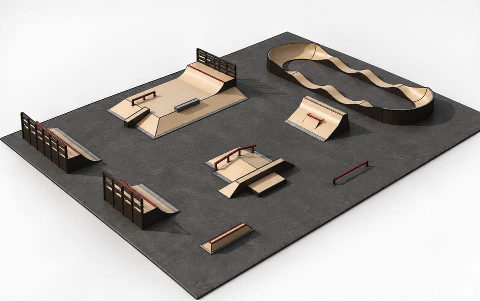 3D model of the Ust-Donetsky street park with a pump track, funboxes, banks and rails