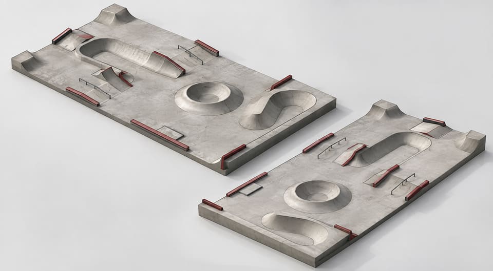 3D model of a concrete street plaza with banks, a bowl and ledges, in two variants