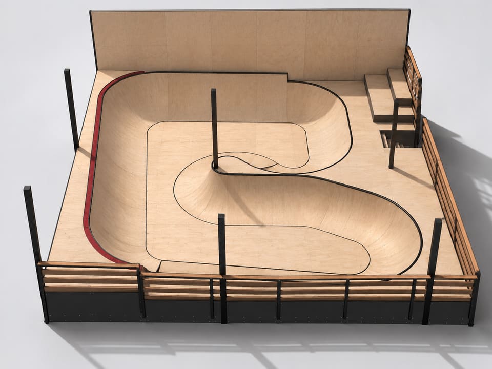 3D model of a wooden bowl course with platforms, stairs and fencing