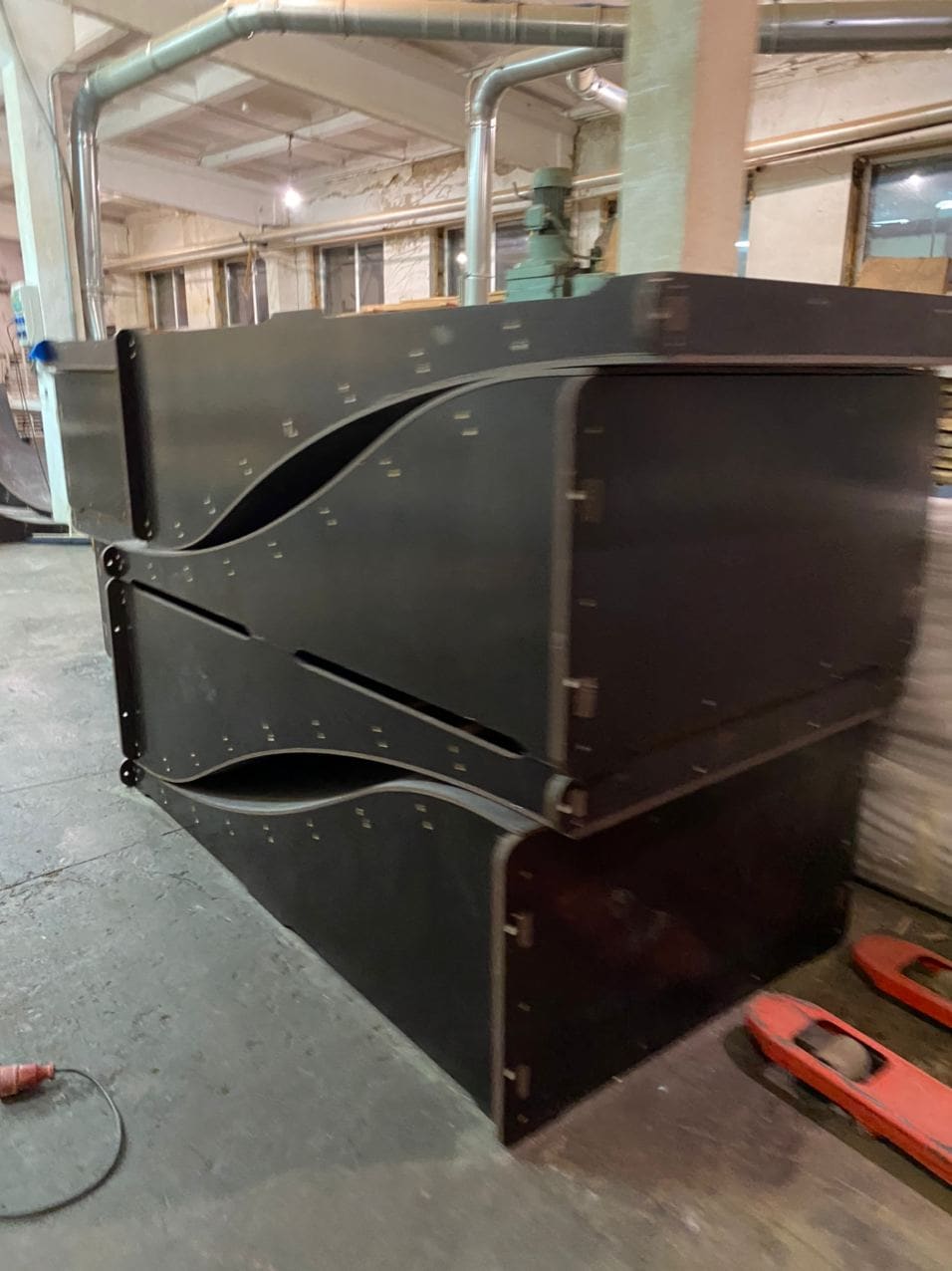 Funbox modules with plywood side panels in the workshop