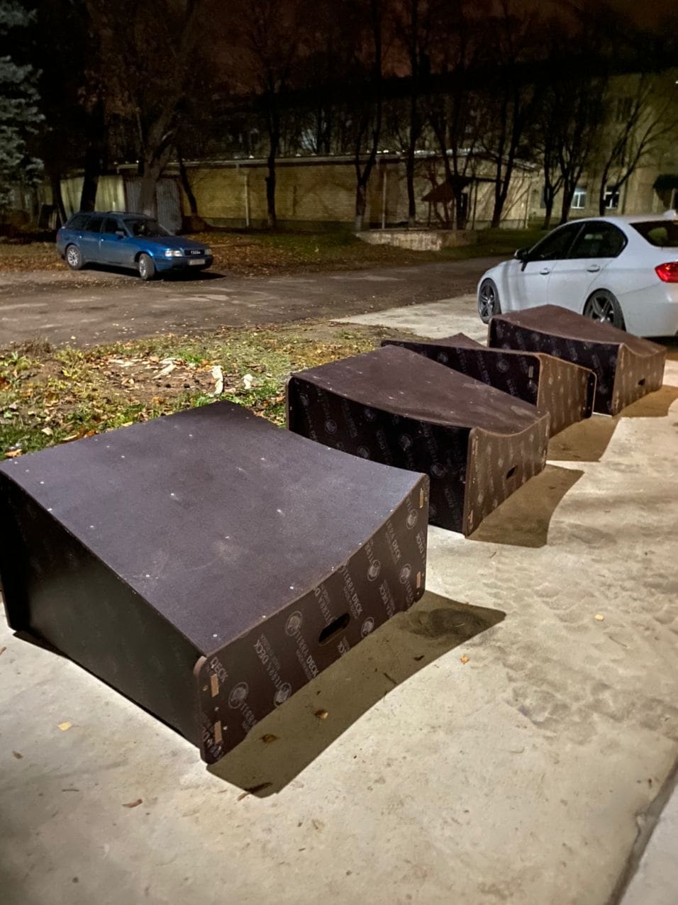 Finished boxes lined up outside the workshop