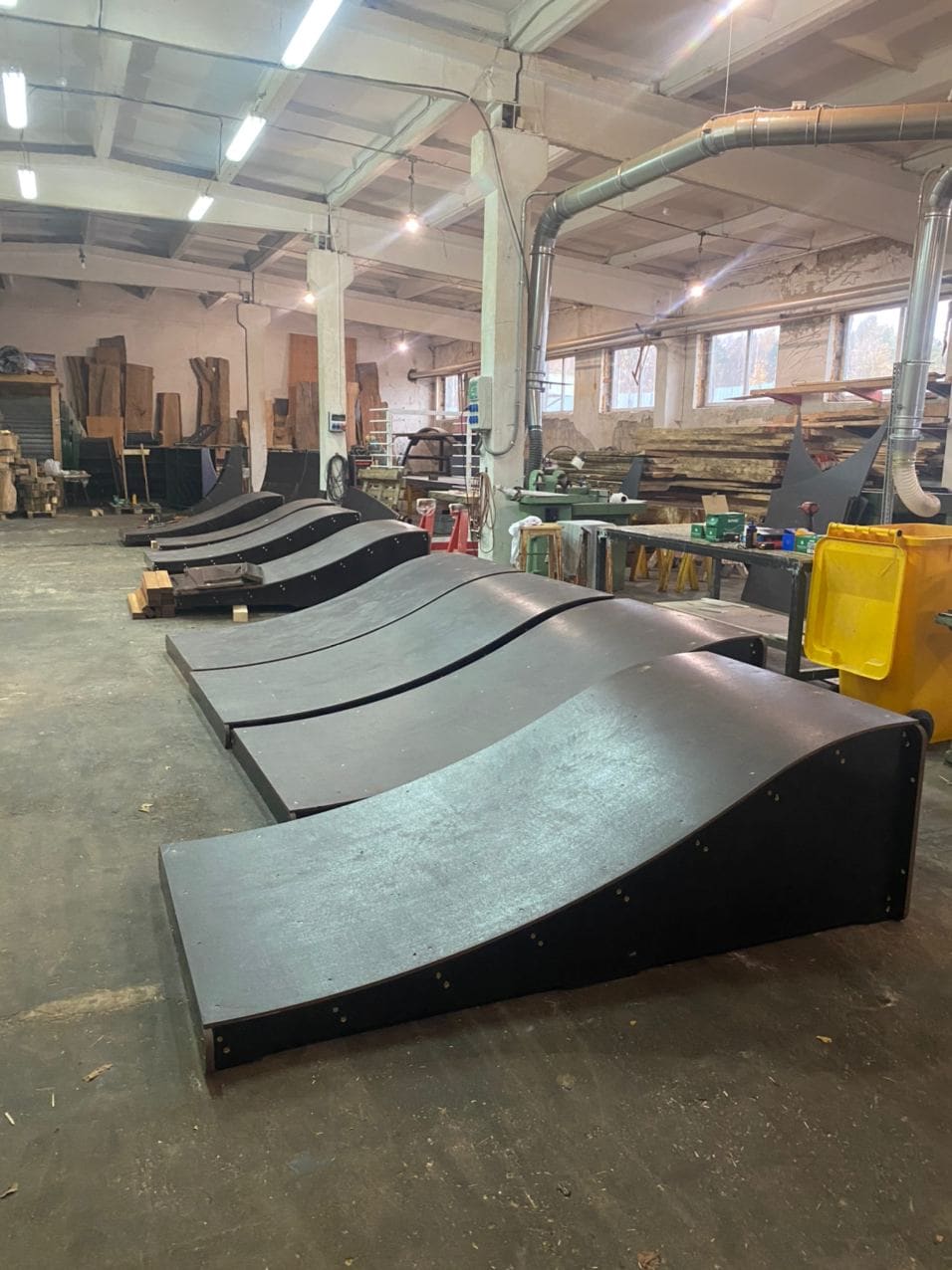 Row of finished wave ramps in the workshop